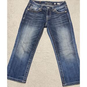 Miss Me Cuffed Capri‎ Size 28 Blue Denim Embellished Flap Pockets Signature
